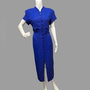 Vintage 90’s Royal Blue Button-Up Embroidered Dress